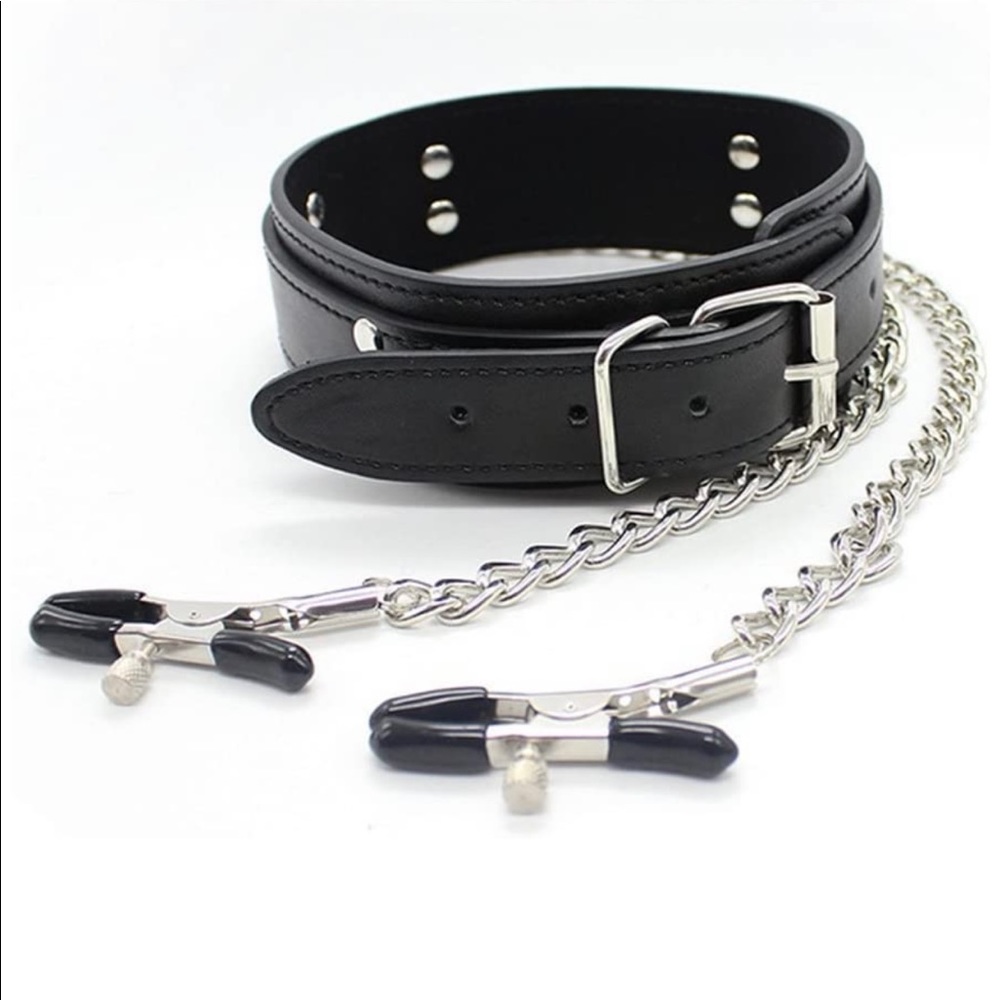 Faux Leather Chocker Necklace And Nipple Clamps
